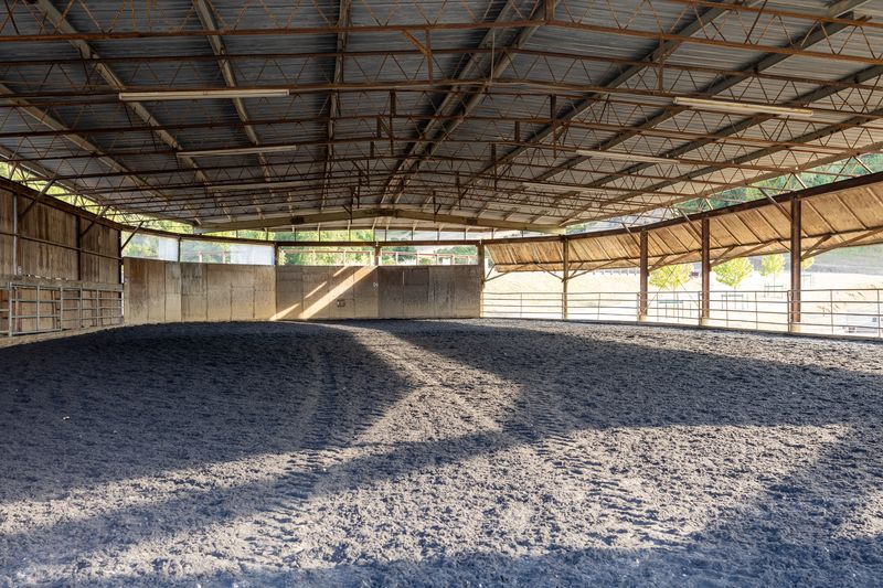 Covered riding arena with afternoon light crossing the footing