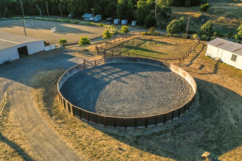 Main round pen and neighboring turnout pen seen from above