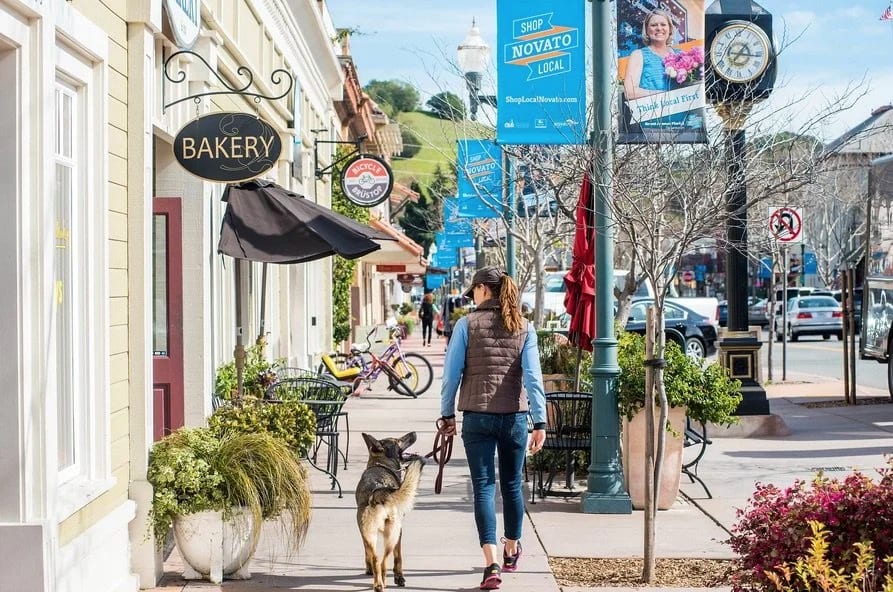 Downtown Novato sidewalk with local shops, a bakery sign, and Shop Novato Local banners.